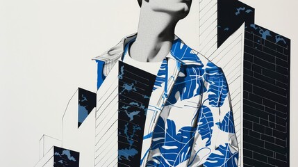 Wall Mural - Urban wardrobe fashion sketch, featuring a trendy male model in contemporary streetwear, skyscrapers in the background, intricate fabric patterns