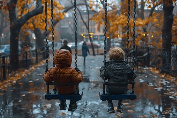 two children riding on a swing, it is winter and they are wearing warm clothes.