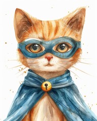  A superhero cat outfit with mask and cape, feline disguise, watercolor style, isolated on white background
