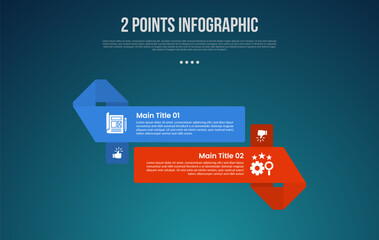 2 or two point template comparison versus things in infographic with big rectangle ribbon shape up and down with modern dark style for slide presentation