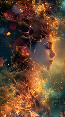 Poster - Woman with Golden Aura and Autumn Leaves.