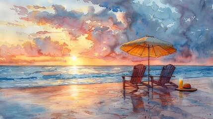 Wall Mural - Sunset beach chairs and umbrella by the sea - generative ai