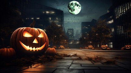 Wall Mural - halloween background of several Jack-o'-lanterns on a modern cityscape