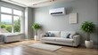 © DigitalArt Max - Modern white air conditioning unit mounted on a living room wall, with a sleek design, vents, and a digital display, in a cozy home interior.