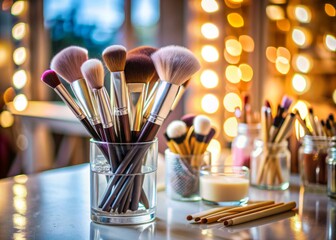 Elegant set of clean professional makeup brushes in a glass on a table, surrounded by decorative cosmetics, perfect for skilled makeup artists and beauty enthusiasts.