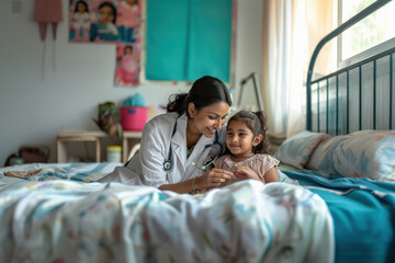 Wall Mural - Young Indian female doctor taking care of little girl