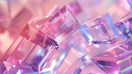 Wall Mural - A set of transparent geometric crystals with a gradient of pink, purple, and blue hues. The crystals have sharp edges and a reflective surface, creating a neon glow effect