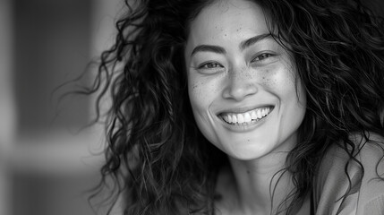 A monochrome portrait of a woman with curly hair, showcasing her natural beauty and genuine smile, emphasizing simplicity and elegance.