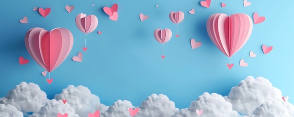 Wall Mural - Pink Paper Heart Balloons Floating Above White Clouds Against a Blue Sky