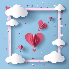 Wall Mural - Paper Heart Hot Air Balloons in a Blue Sky with Clouds