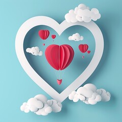 Wall Mural - Red Paper Heart-Shaped Hot Air Balloons Floating in a White Heart Frame