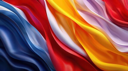 Poster - Abstract colorful flowing liquid, like silk or water, in vibrant red, yellow, blue, and orange.