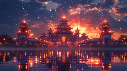 Wall Mural - Illuminated asian temple at twilight - generative ai