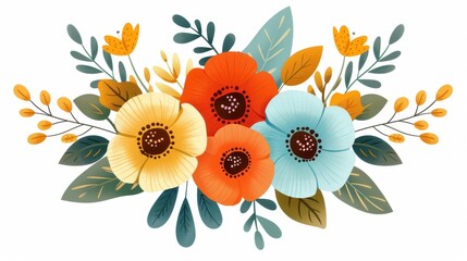 Poster - Vibrant handdrawn floral illustrations showcase whimsical flowers and foliage on a crisp white background. Perfect for bright decor