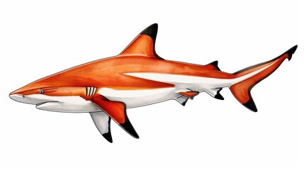 Wall Mural - Vivid handdrawn blacktip reef shark, showcasing its grace in watercolor against a clean white backdrop, perfect for marine art lovers.