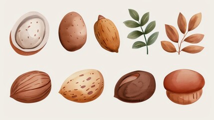 Wall Mural - A charming collection of handpainted nuts in watercolor, ideal for digital prints, stationery, and product labels.