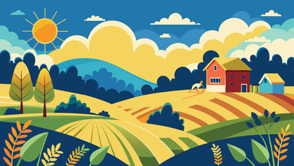 Wall Mural - Landscape Illustration Art: Seasonal Hills and Grass Field with Farm Background