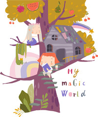 Wall Mural - Cute Little girl reading Book and dreaming in Treehouse. Vector illustration