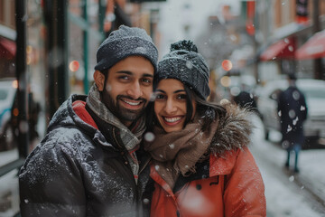 Wall Mural - Young indian couple in winter wear