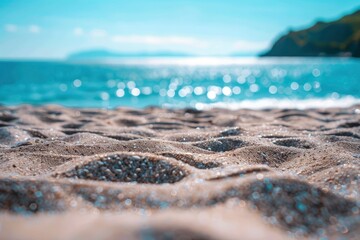 Poster - beautiful beach with sand and the sea in the background out of focus during the day in high resolution and sharpness HD - generative ai