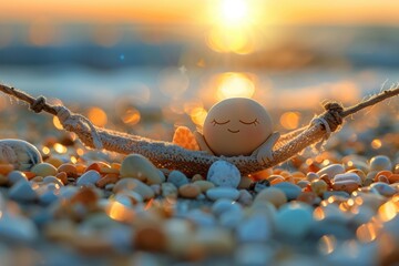 Poster - A happy face relaxes in a hammock on a beach. AI.