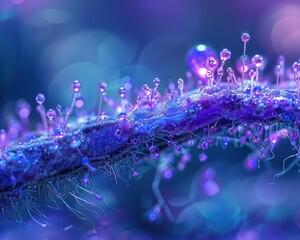 Wall Mural - A close-up view of a plant stem covered in tiny, iridescent droplets. AI.