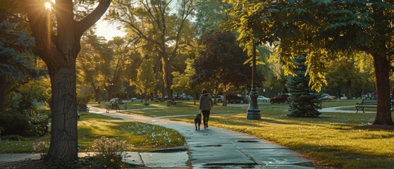 Poster - A person walks their dog down a paved path through a park on a sunny day. AI.