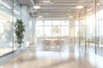 Wall Mural - Beautiful blurred background of a light modern office interior with panoramic windows and beautiful lighting - generative ai