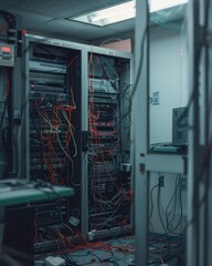 Canvas Print - A server room with numerous cables and wires connecting the equipment. AI.