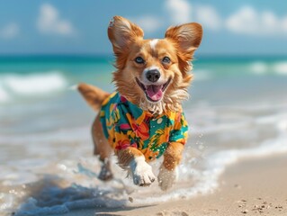 Wall Mural - A dog in a floral shirt runs happily on the beach. AI.