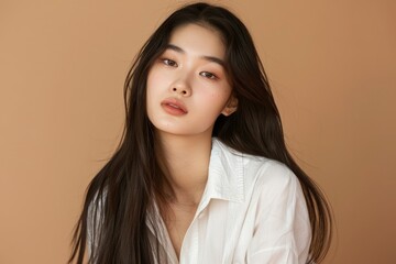 Wall Mural - Beautiful young Asian long hair woman in white clothes with Korean style makeup on her face and perfect skin on an isolated beige background. Facial care, cosmetology, plastic surgery - generative ai