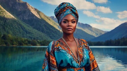 African American black woman wearing traditional dress and headwrap in scenic mountain landscape