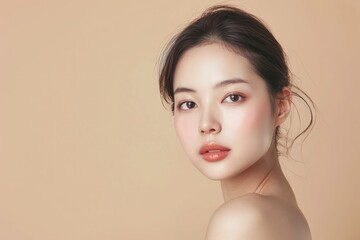 Wall Mural - Beautiful young asian woman with clean fresh skin on beige background, Face care, Facial treatment, Cosmetology, beauty and spa, Asian women portrait - generative ai