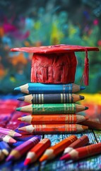 Wall Mural - A graduation cap sits atop a stack of colored pencils. AI.