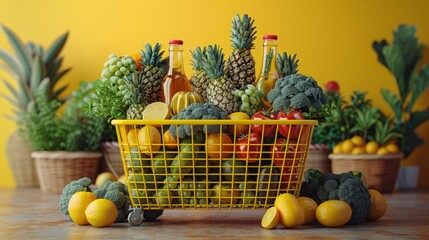 Wall Mural - Vibrant fresh produce in yellow shopping cart - generative ai