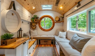 Poster - A cozy nook with a circular window, wooden accents, and a window overlooking a forest. AI.