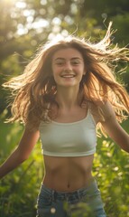 Wall Mural - A young woman with long hair smiles brightly in a field. AI.