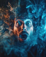 Wall Mural - A man looks shocked as smoke surrounds him. AI.