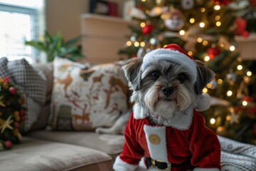 Poster - A small dog dressed up in a Santa Claus costume. AI.