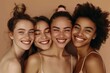 © Nia™ - Beauty, diversity and portrait of women happy with makeup for cosmetic skincare isolated in studio brown background. Skin, aesthetic and young friends together for self care - generative ai