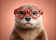 © Autun - Serious otter wearing stylish red-framed glasses sits on light coral background, promoting optics store's consultation for myopia and farsightedness with expert ophthalmologists.