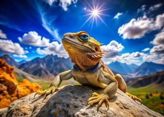 Vibrant lizard wearing trendy shades lounges on a rock amidst a fantastical landscape of majestic mountains, fluffy clouds, and a brilliant blue sky.