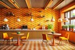 Vibrant retro-inspired coffee shop with bold orange and yellow hues, geometric patterns, and sleek wooden accents, awaiting customers in a trendy 70s-style setting.