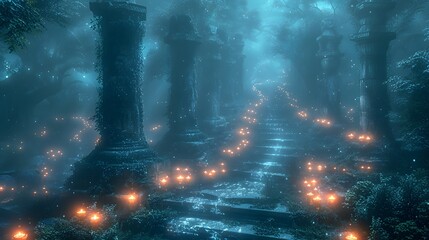 Wall Mural - An ancient temple with bioluminescent carvings and glowing pathways, set in a mystical forest