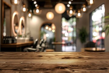 Wall Mural - empty brown wooden tabletop for product display on blurred beauty and hair salon interior background - generative ai