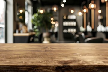 Wall Mural - empty brown wooden tabletop for product display on blurred beauty and hair salon interior background - generative ai