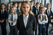 © Surachetsh - A group of children dressed in business attire standing confidently in an office setting. Their serious expressions and professional appearance emphasize ambition and leadership.