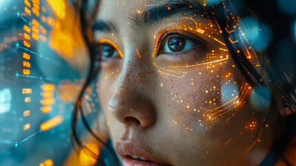 Poster - Futuristic AI-Enhanced Face with Automation Interface Overlay Illustrating Efficiency and Productivity in Business Processes