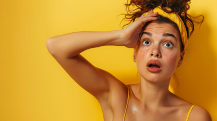 Young woman putting her hand on her forehead and have a surprise face isolated on yellow background with copy space