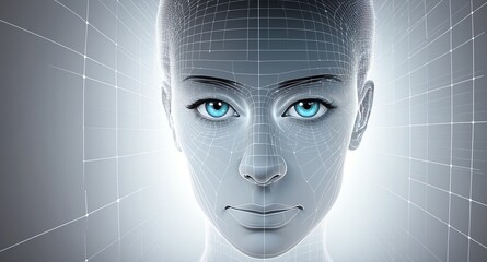 Poster - white hologram human face projection grid technology abstract background with copy space